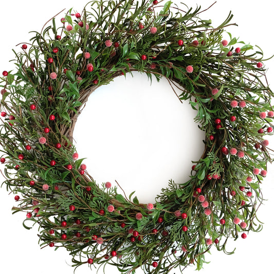 Egolot 24 Inch Winter and Christmas Green and Red Berry Wreath for Front Door and Home Decor