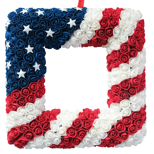 13 Inch Patriotic Red White Blue Square Shape Flower Wreath for Front Door, Forth of July American Flag Color Soft Touch Floral Wreath for Indoor and Outdoor, July 4th Independence Day Wreath