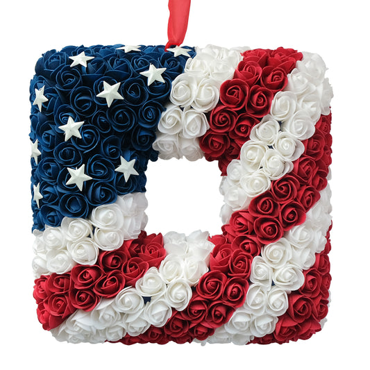 18 Inch Patriotic Red White Blue Large Size Square Shape Flower Wreath for Front Door, Forth of July American Flag Color Soft Touch Floral Wreath for Indoor and Outdoor, July 4th Wreath