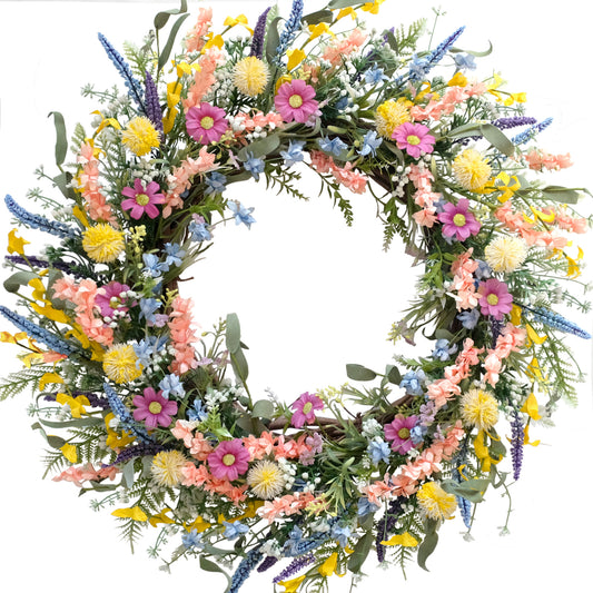 24 Inch Spring Summer Colorful Flower Wreath for Front Door, Forsythia Lavender Wild Flowers Wreath for Home Decor, Colorful Wild Flowers with Green Leaves Wreath for Everyday