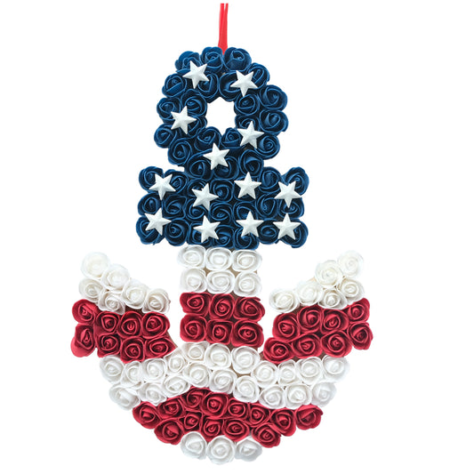 17 Inch Patriotic Red White Blue Anchor Soft Touch Roses Wreath for Front Door, Forth of July American Flag Color Soft Touch Floral Wreath for Indoor and Outdoor, Memorial Day Independence Day Wreath