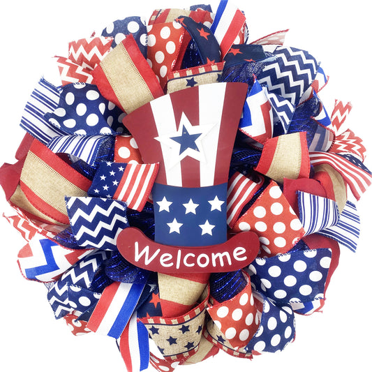 16 Inch Forth of July Mesh Deco Wreath with Hat Welcome Sign for Front Door, Red White Blue Patriotic Ribbon Wreath for Indoor and Outdoor, Memorial Day Wreath