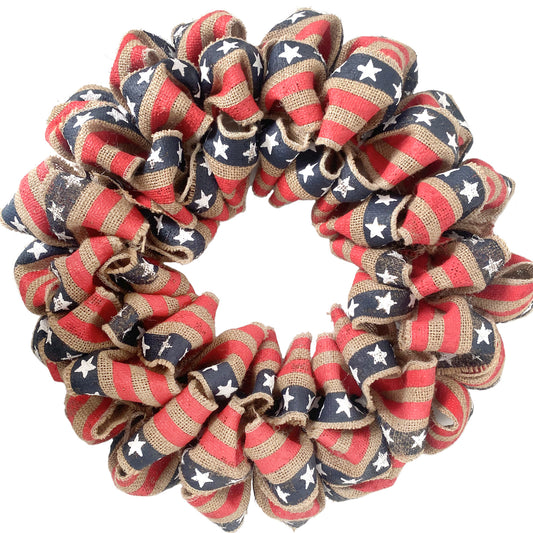 13 Inch Patriotic Burlap Wreath for Front Door, Red Stripe Blue Star Ribbon 4th of July Wreath for Indoor and Outdoor, Natural Burlap Color Wreath for Home Decor
