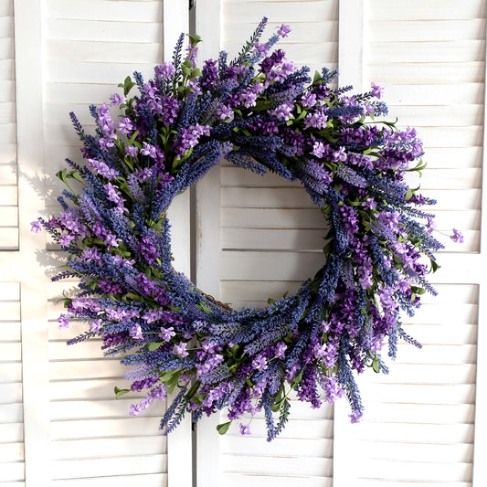 24 Inch Purple Lavender Flower Wreath for Front Door, Spring Summer Forsythia Lavender Flowers Wreath for Indoor and Outdoor Decor, Rustic and Farmhouse Purple Wreath for Home