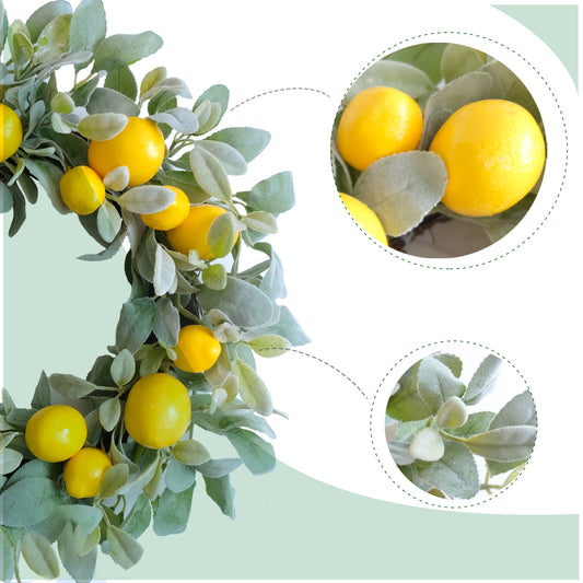 22 Inch Yellow Lemon Spring Summer Wreath for Front Door, Lamb Ears Leaves with Artificial Lemon Door Wreath, Green Leaves Lemon Wreath for Indoor and Outdoor