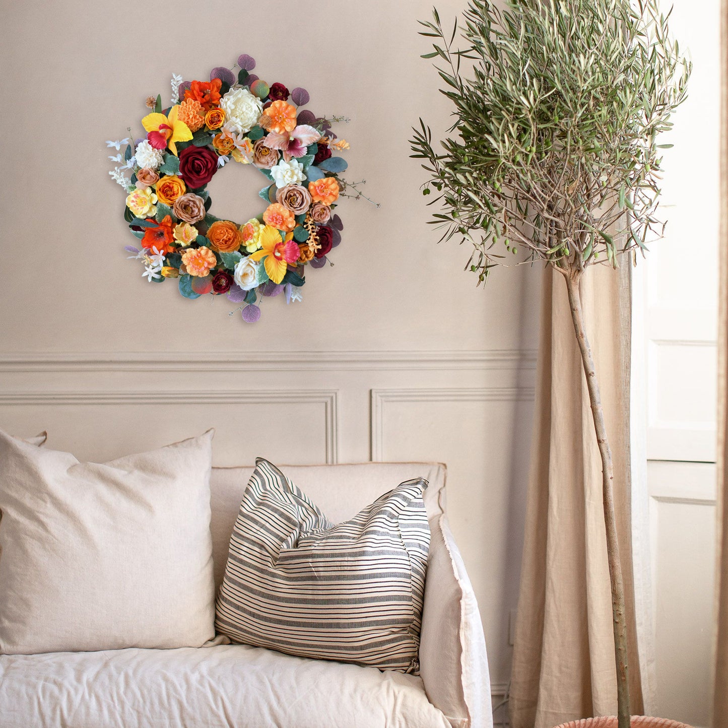 Egolot Fall Wreath for Front Door, Red orange Flower Wreath for Front Door Wall Window Decor