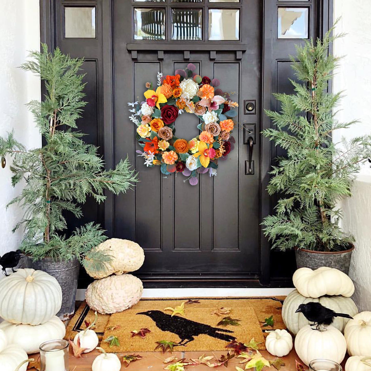 Egolot Fall Wreath for Front Door, Red orange Flower Wreath for Front Door Wall Window Decor