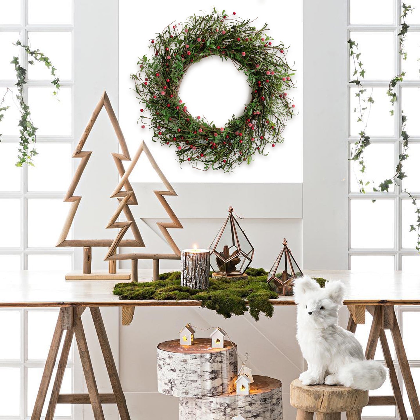 Egolot 24 Inch Winter and Christmas Green and Red Berry Wreath for Front Door and Home Decor