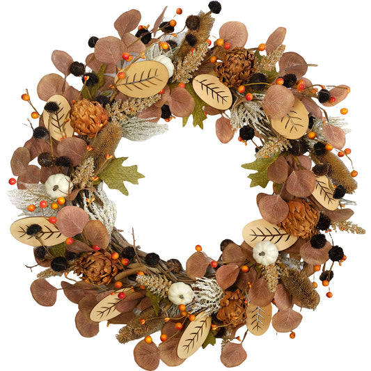 24Inch Fall Dried Flower Wreath For Front Door, Autumn Thanksgiving Day And Harvest Wreath Decorations with Pumpkins And Berries, Fall Floral Eucalyptus Leaves Wreath For Indoor And Outdoor Use