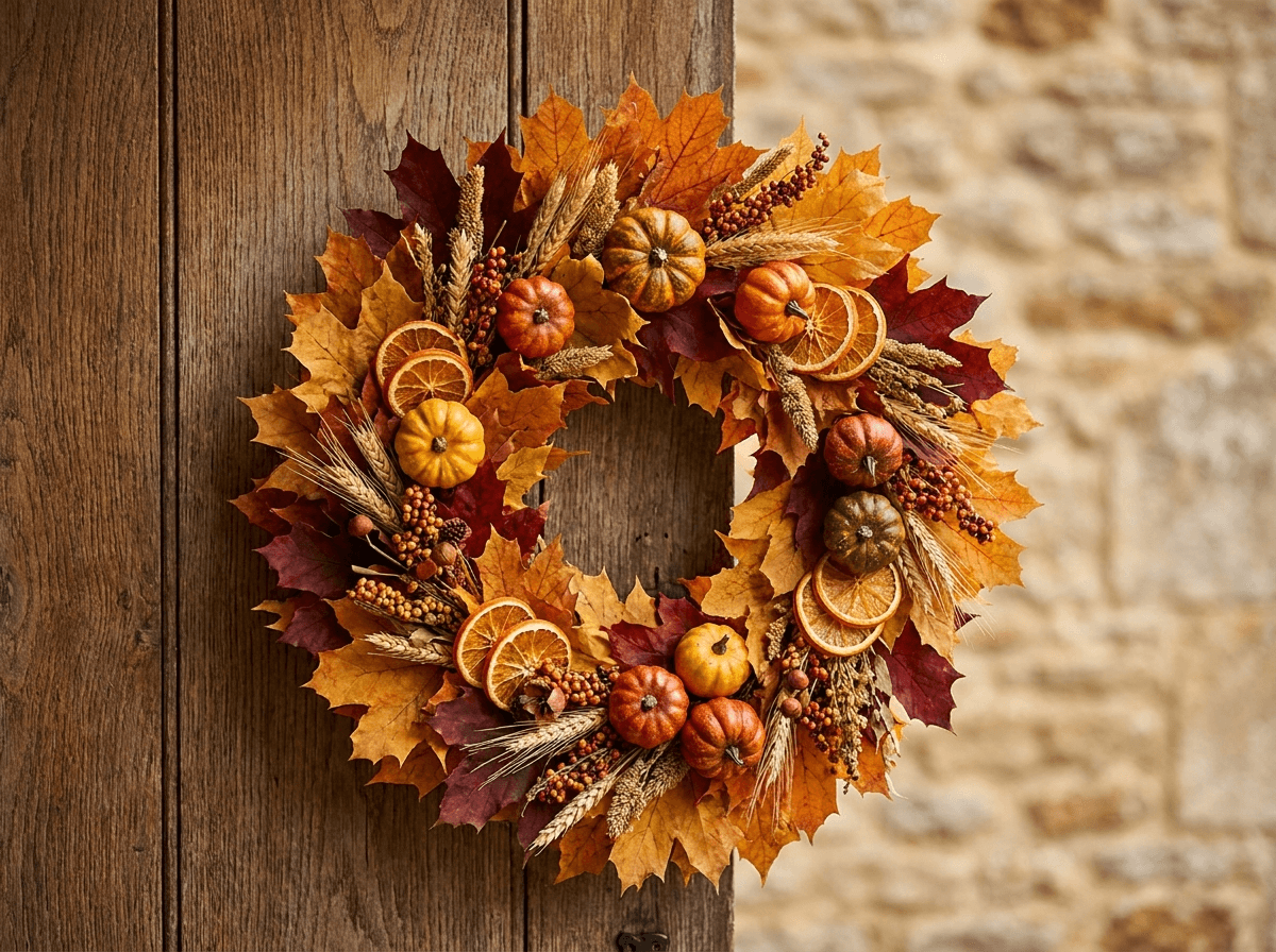 Autumn harvest wreath with pumpkins and amber foliage.