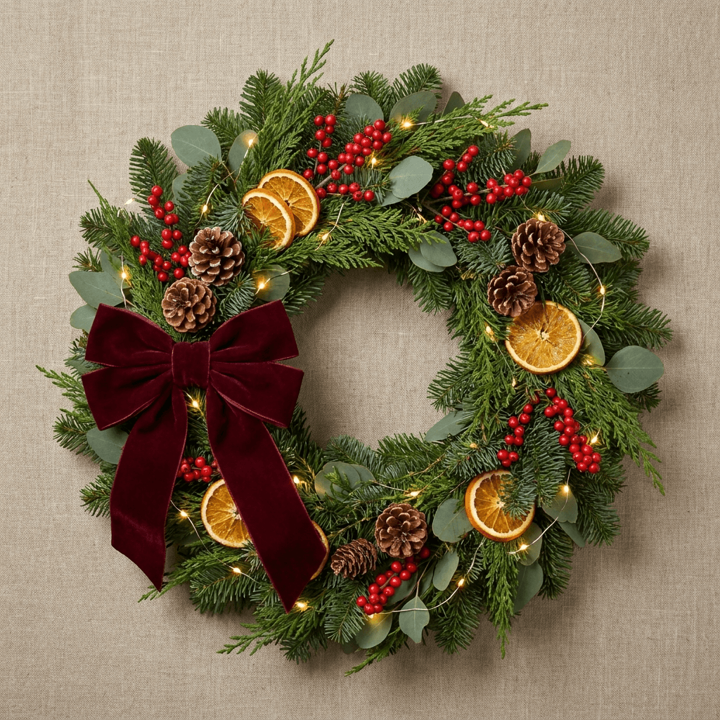 Close-up studio photography of a handmade holiday wreath with pinecones, berries, and ribbon.