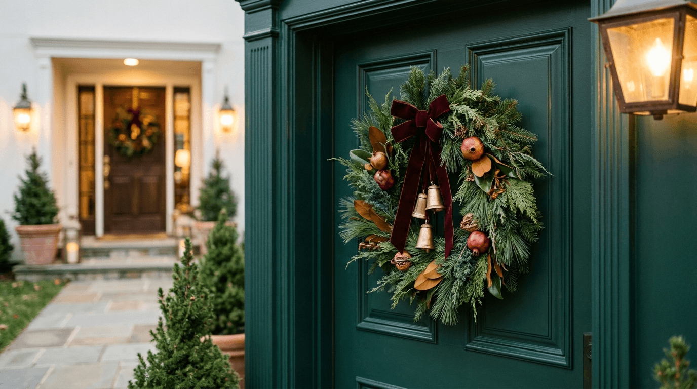 A handmade holiday wreath on a deep pine front door with warm entrance lighting.