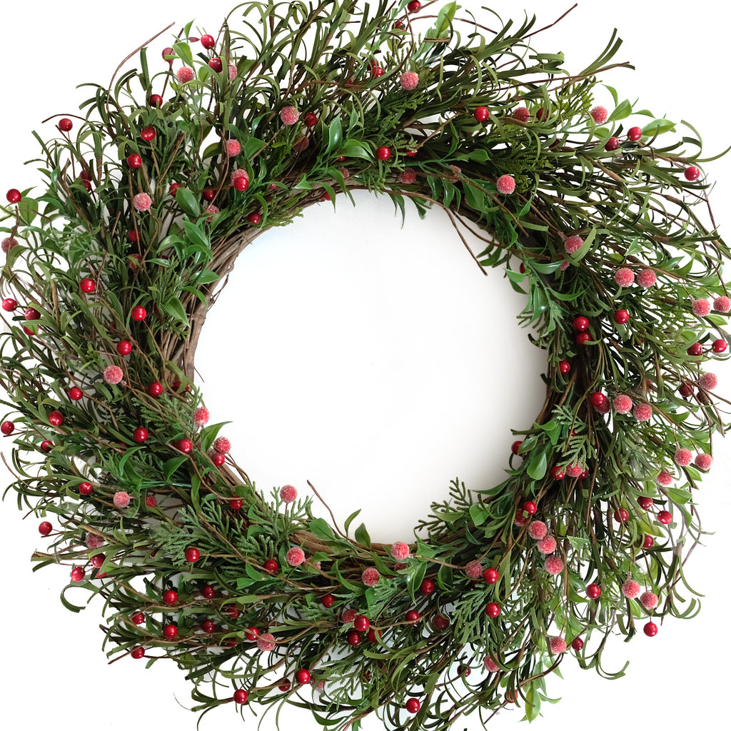 Egolot 24 Inch Winter and Christmas Green and Red Berry Wreath for Front Door and Home Decor