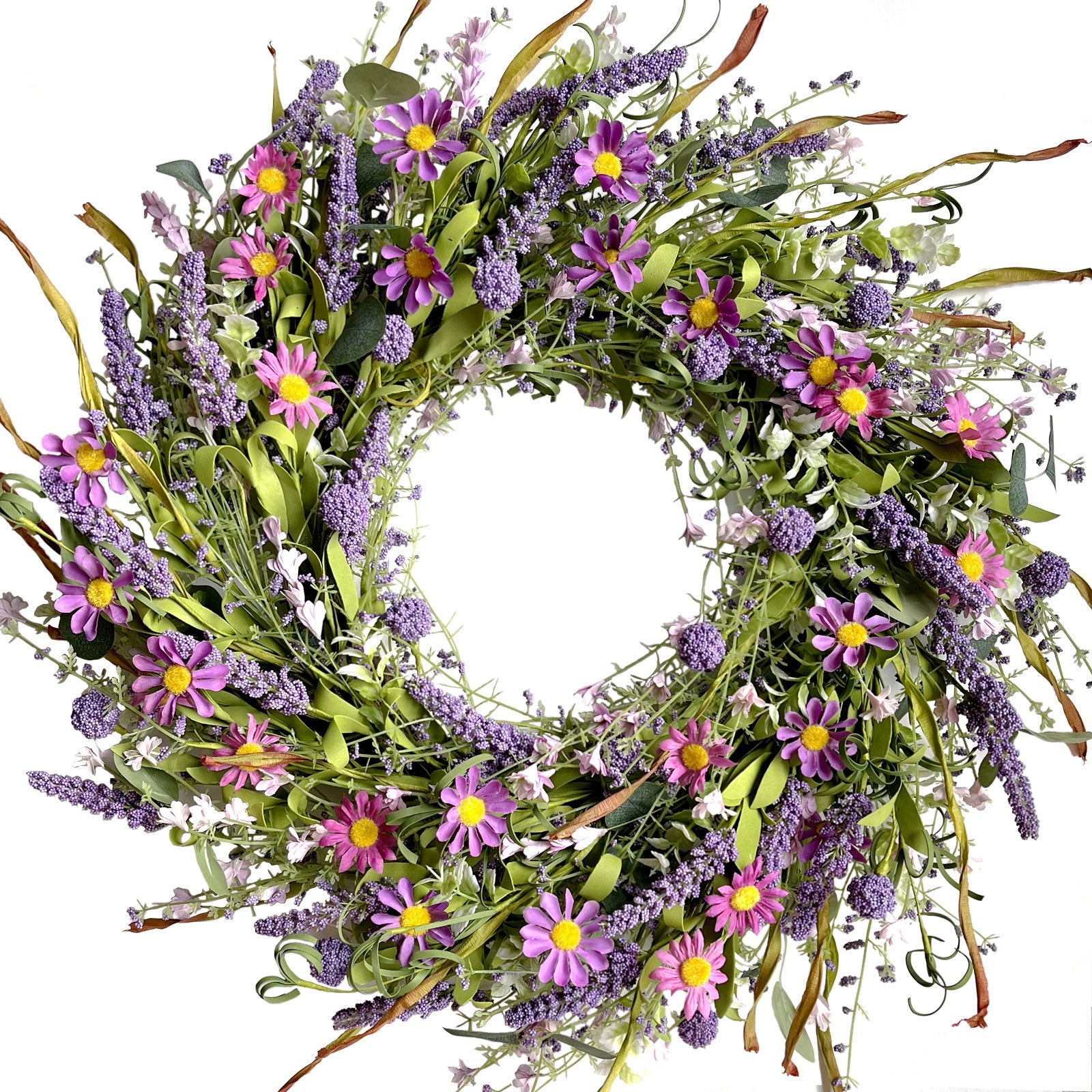 24 Inch Spring and Everyday Greenery Wild Flower Wreath for Front Door, Mixed Green Leaves and Flower Wreath for Indoor and Outdoor Use, Everyday Flower Wreath for Home Decor