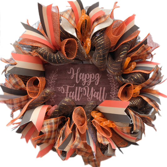 16 Inch Fall Mesh Deco Wreath for Front Door, Happy Fall Wood Sign Ribbon Wreath for Indoor and Outdoor Use, Harvest and Thanksgiving Day Orange Wreath for Home Decor