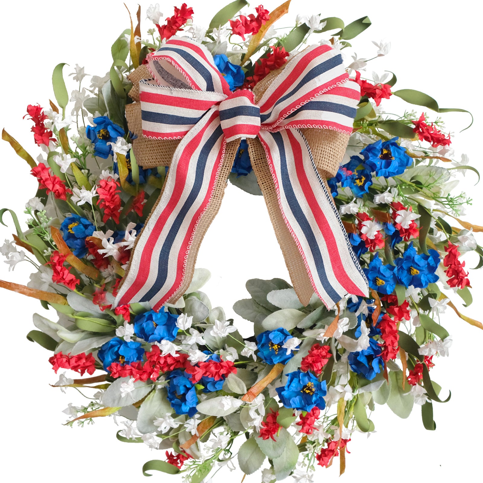 20 Inch Patriotic Red White Blue Flowers Wreath for Front Door, Forth of July Lamb Ears Leaves Wreath for Inside and Outside, Memorial Day Independence Day Burlap Bow Wreath for Home Decor