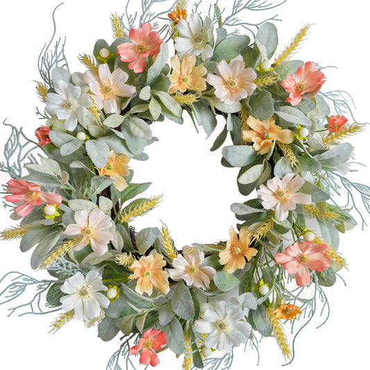 20 Inch Daisy Flowers Lamb Ears Leaves Wreath for Front Door, Summer Flower Wreath with Wheat for Indoor and Outdoor, Floral Wreath for Home Decor