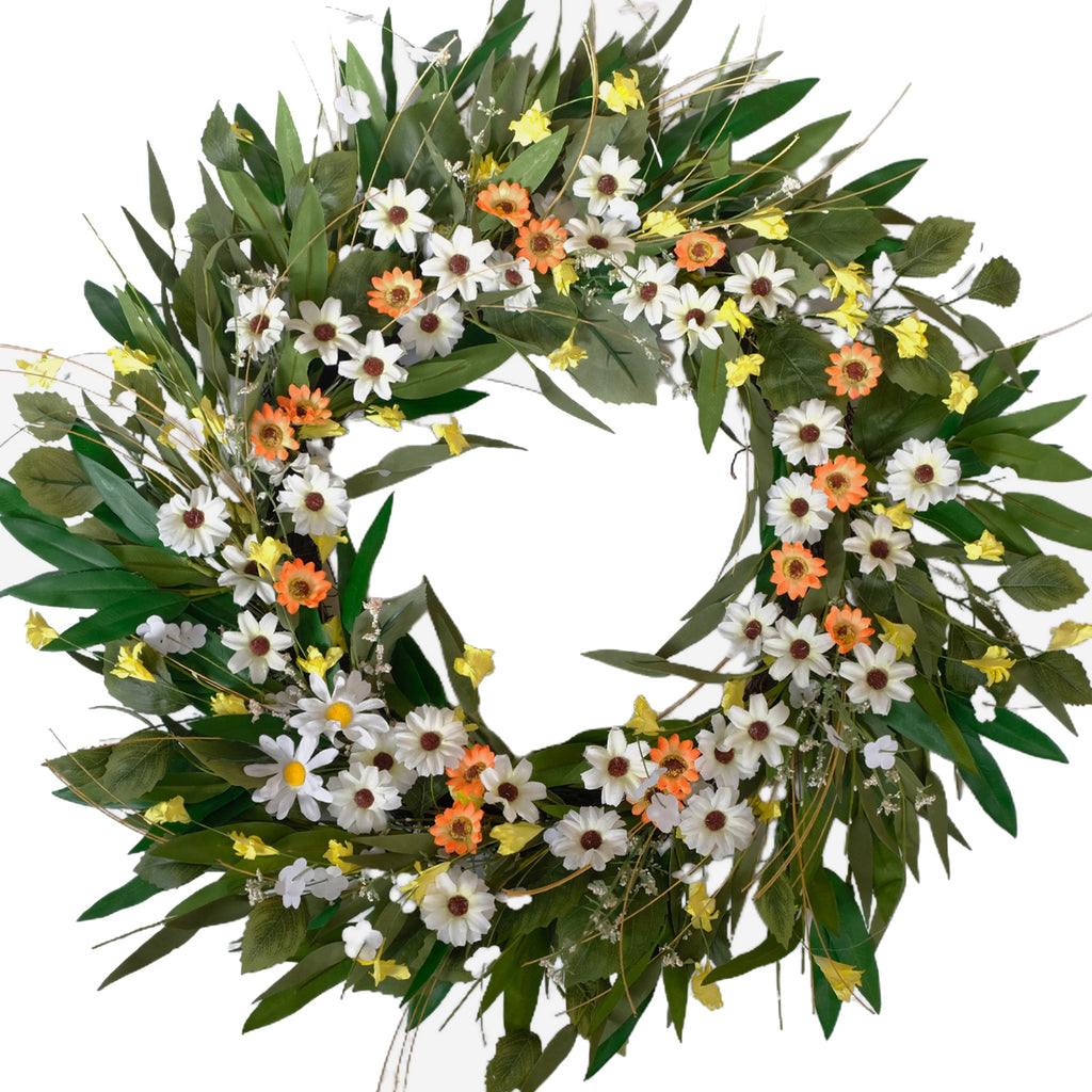 Egolot 24 Inch Greenery Wreath Eucalyptus Olive Leaves All Year Round Front Door Wall Home Decor with Vibrant Spring & Summer Floral Accents