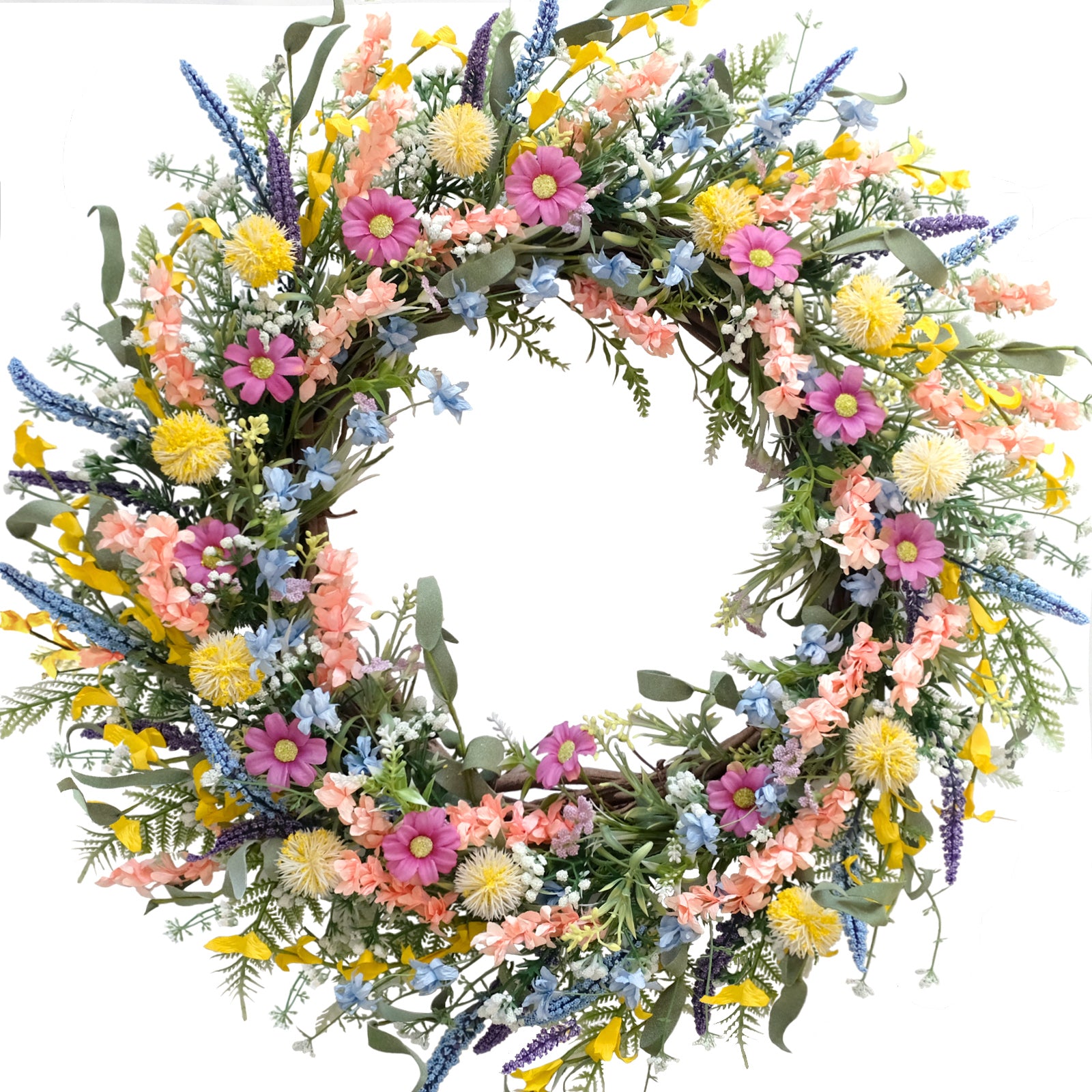 24 Inch Spring Summer Colorful Flower Wreath for Front Door, Forsythia Lavender Wild Flowers Wreath for Home Decor, Colorful Wild Flowers with Green Leaves Wreath for Everyday