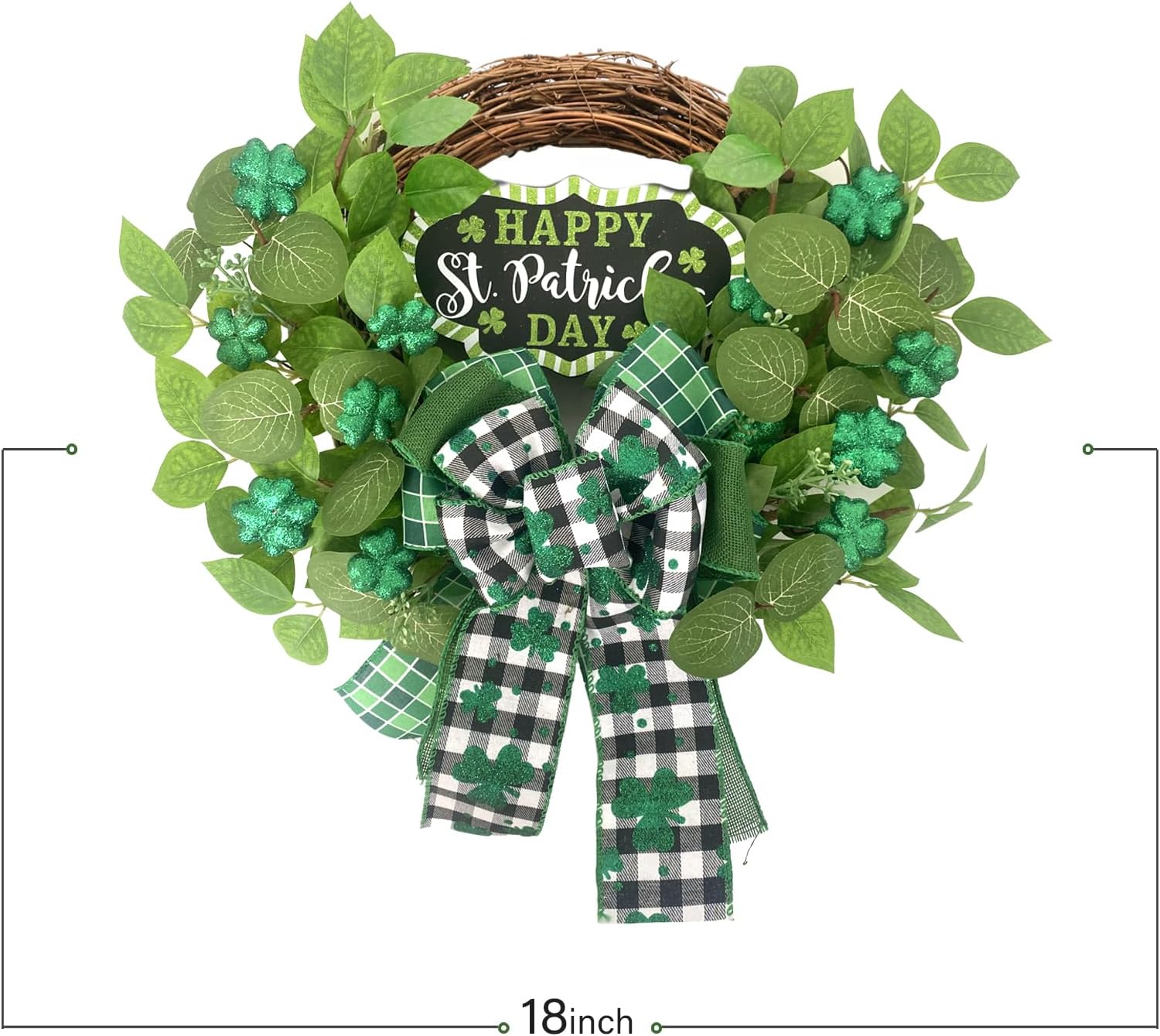 Egolot St Patrick's Day Green Bowknot Wreath 22 Inches Diameter Front Door Wall Hanging Home Decor Indoor Outdoor Festive Wooden Plaque Ornament St.Patrick’s  Decoration