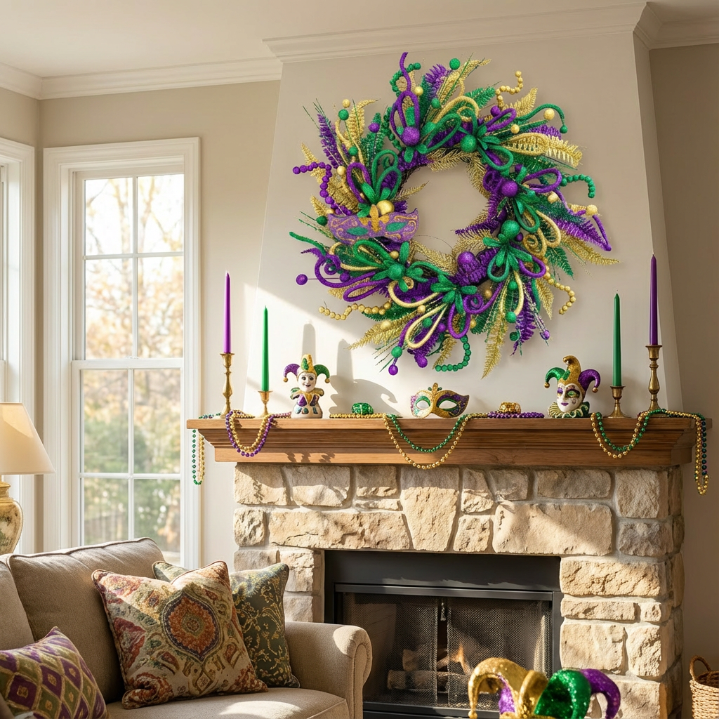 Mard Gras 22' Wreath Wooden Board Mask Decoration Ball Ornaments Carnival Indoor Decor Front Door Fireplace Decor Carnival Home Decor Festive Hanging Ornament Decorative Carnival Wreath Carnival Party Decor Indoor Outdoor Festival Wreath