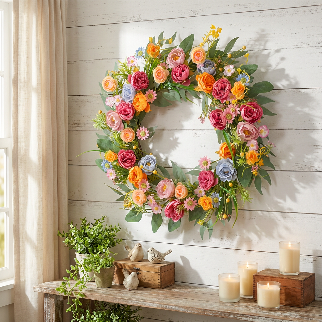 Egolot 22 Inch Spring Summer Penoy Wreath for Front Door Colorful Wildflowers Floral Eucalyptus Wreath for Indoor Outdoor All Seasons Everyday Wreaths for Front Door Outside