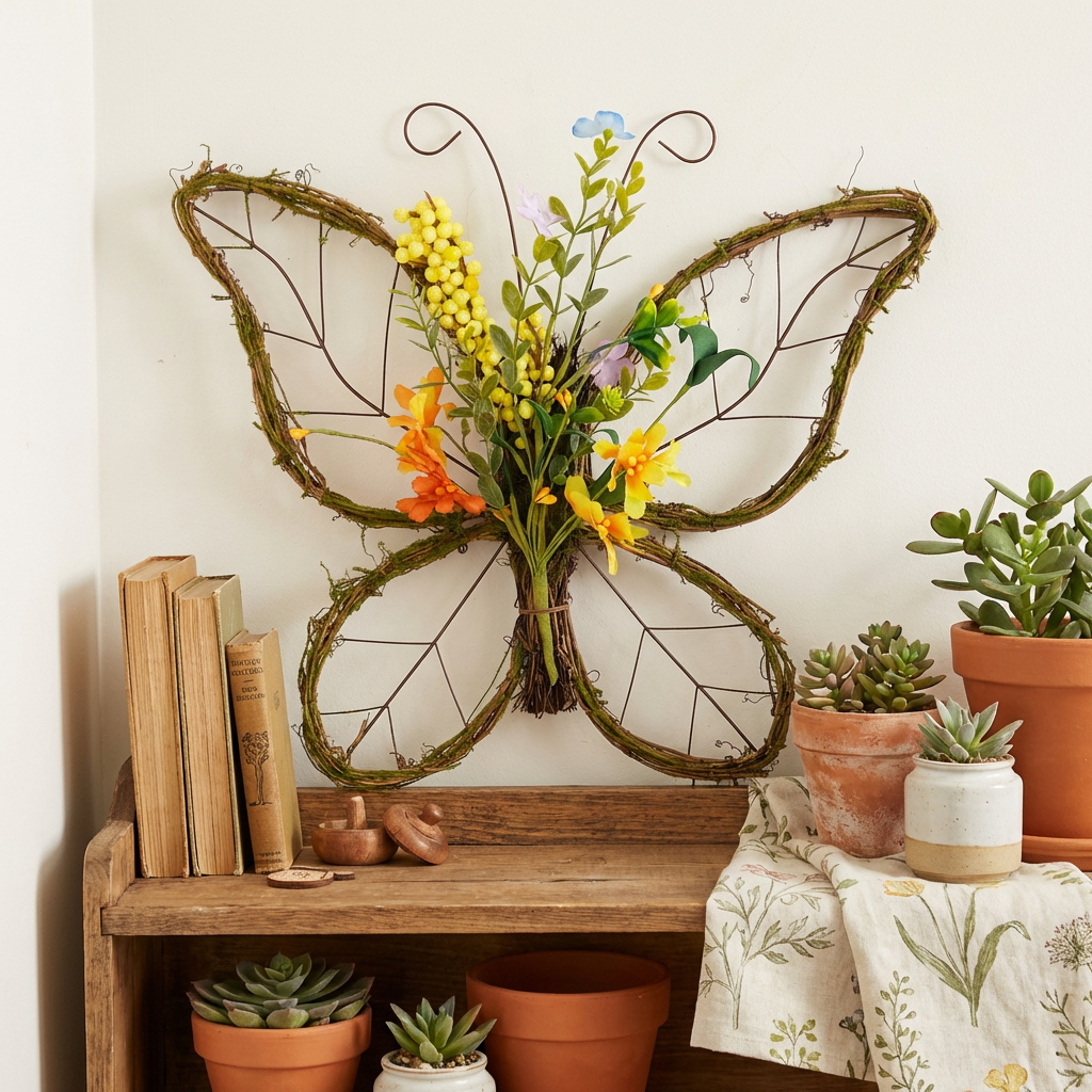 Handmade Butterfly Shaped Wreath with Pastel Berries & Floral Spring Artificial Wreaths for Front Door Decor 16.5x13.4x3.2 inches