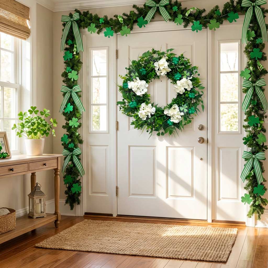 St Patrick's Day Hydrangea Wreath with Shamrock Accents Green Leaves for Front Door Indoor Outdoor Decor Festive Irish Holiday Wreath for St Patrick's Day Celebrations
