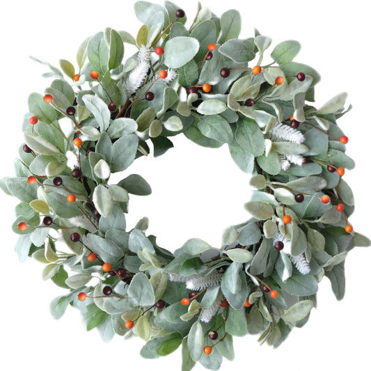20 Inch Green Lamb Ear Leaves Wreath with Cute Orange Pip Berries for Front Door, All The Year Round and Fall Leaves Wreath for Indoor and Outdoor