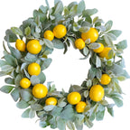 22 Inch Yellow Lemon Spring Summer Wreath for Front Door, Lamb Ears Leaves with Artificial Lemon Door Wreath, Green Leaves Lemon Wreath for Indoor and Outdoor