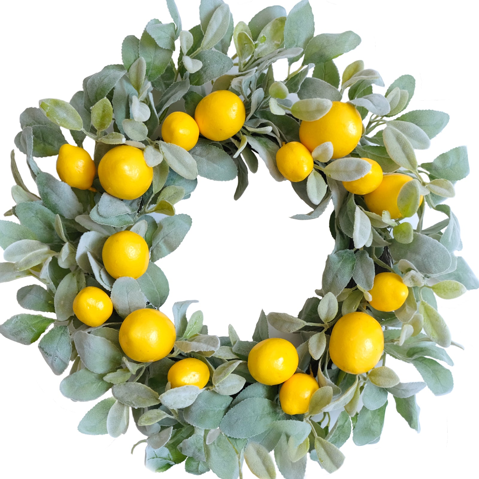 22 Inch Yellow Lemon Spring Summer Wreath for Front Door, Lamb Ears Leaves with Artificial Lemon Door Wreath, Green Leaves Lemon Wreath for Indoor and Outdoor