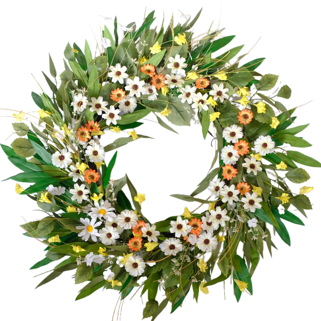 Egolot 24 Inch Greenery Wreath Eucalyptus Olive Leaves All Year Round Front Door Wall Home Decor with Vibrant Spring & Summer Floral Accents