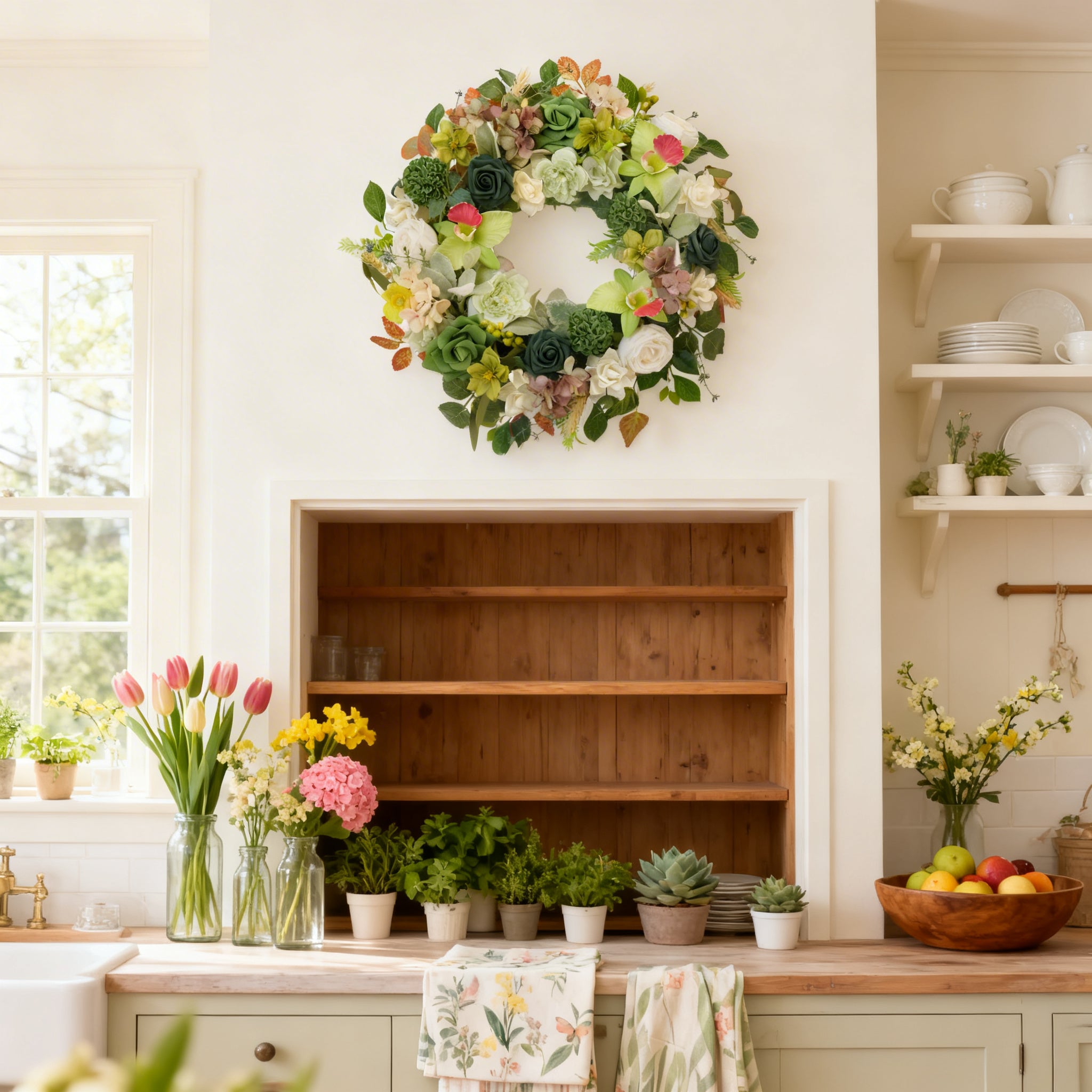 Egolot 22 Inch Green Orchid Spring Everyday Wreath for Front Door Indoor Outdoor Rustic Farmhouse Style Artificial Flowers and Foliage Decor Decoration peony