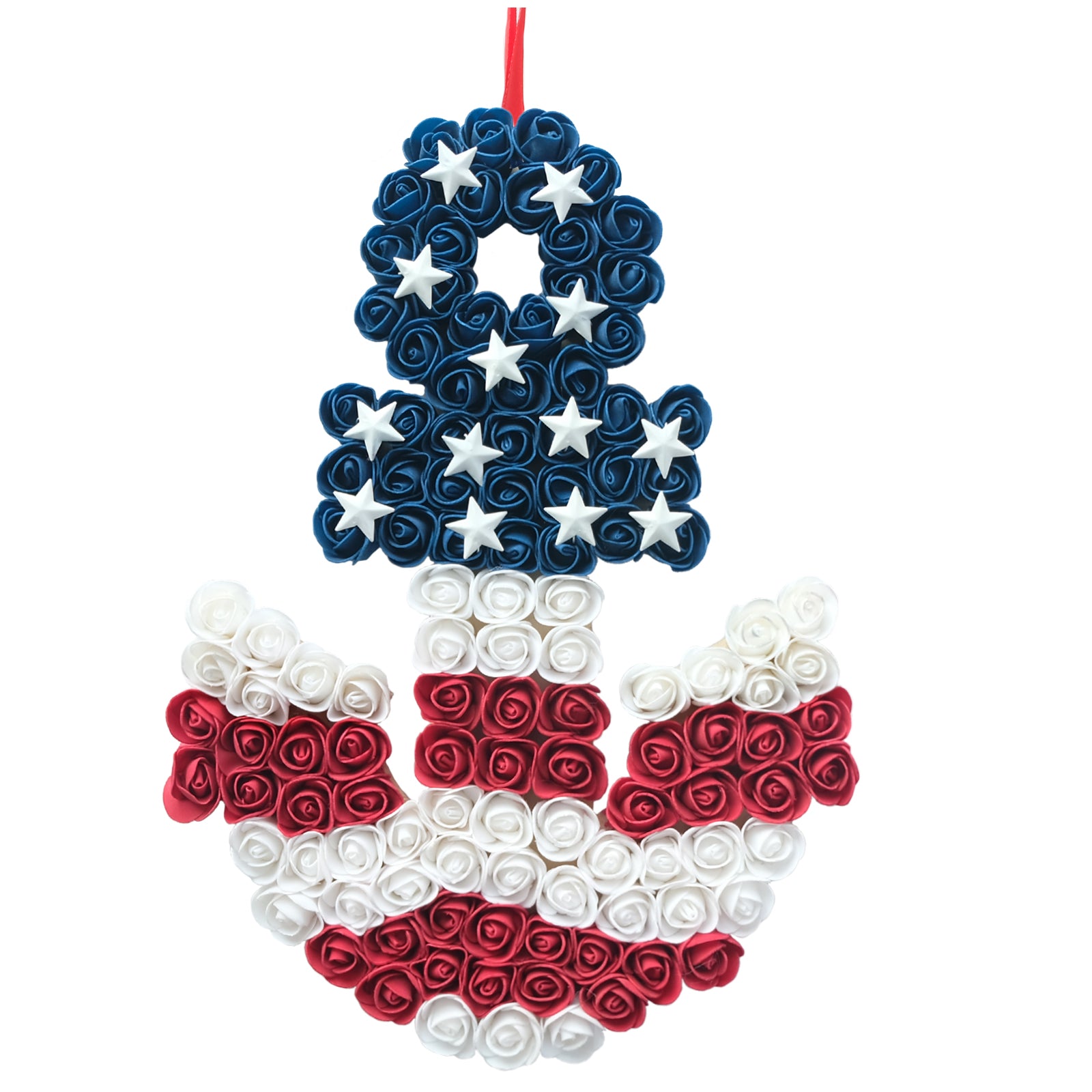 17 Inch Patriotic Red White Blue Anchor Soft Touch Roses Wreath for Front Door, Forth of July American Flag Color Soft Touch Floral Wreath for Indoor and Outdoor, Memorial Day Independence Day Wreath