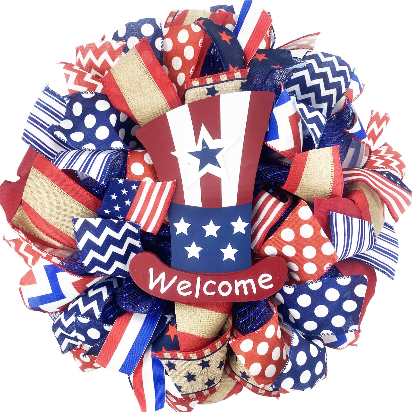 16 Inch Forth of July Mesh Deco Wreath with Hat Welcome Sign for Front Door, Red White Blue Patriotic Ribbon Wreath for Indoor and Outdoor, Memorial Day Wreath