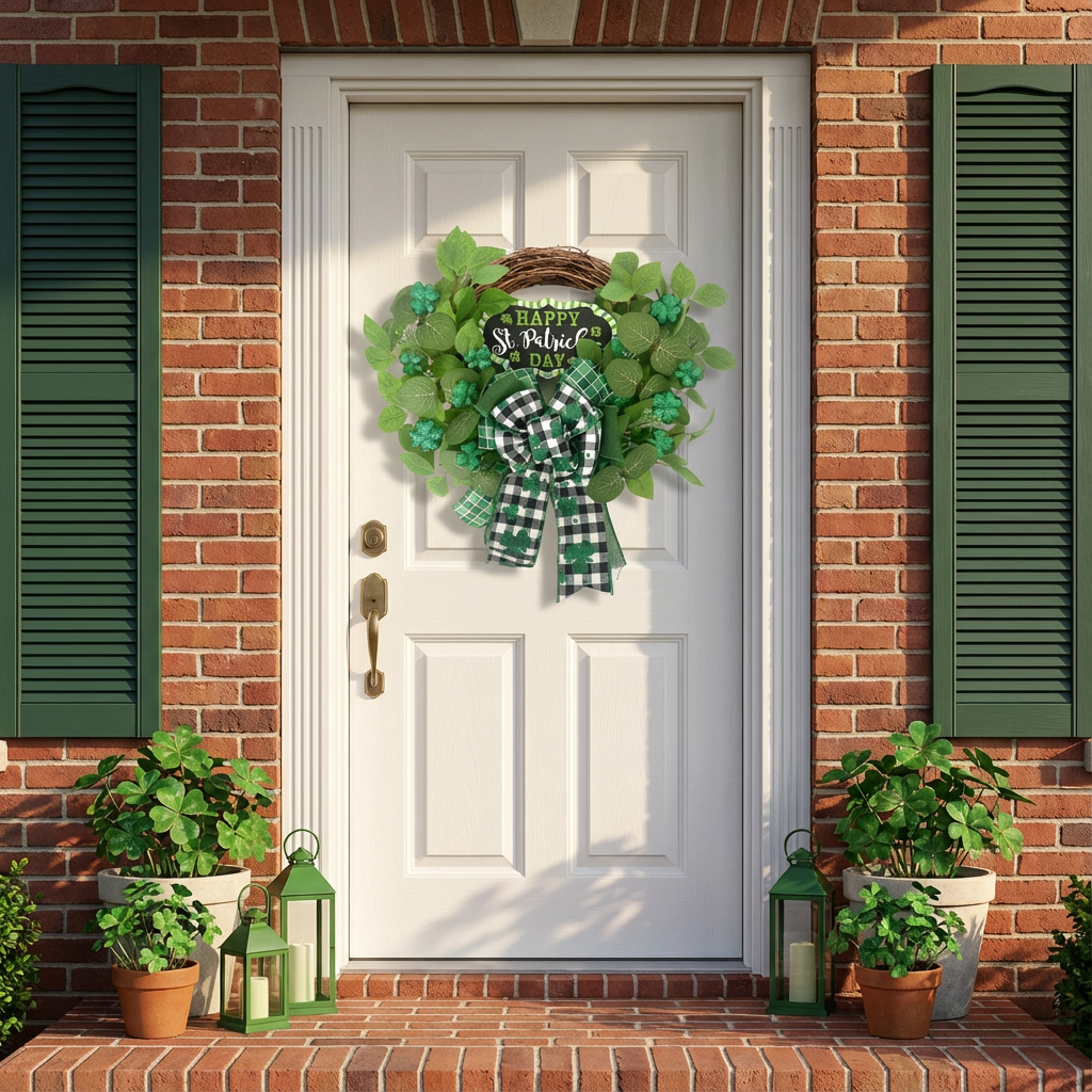 Egolot St Patrick's Day Green Bowknot Wreath 22 Inches Diameter Front Door Wall Hanging Home Decor Indoor Outdoor Festive Wooden Plaque Ornament St.Patrick’s  Decoration
