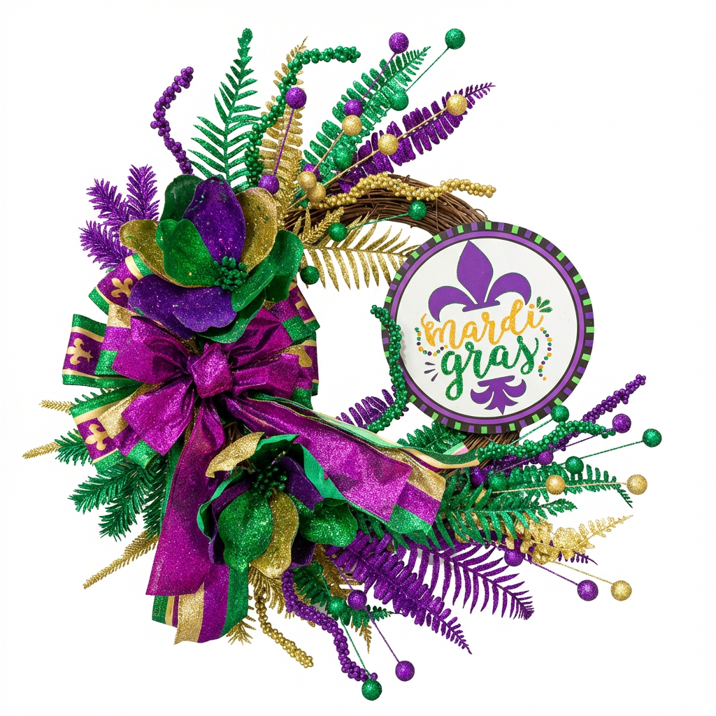 EGOLOT Mardi Gras Wreath Front Door Interior Decor Large Bows Round Wooden Board Carnival Home Decoration Festival Hanging Ornament Indoor Outdoor Decorative Wreath Carnival Party Decor Festive Door Hanging Wreath