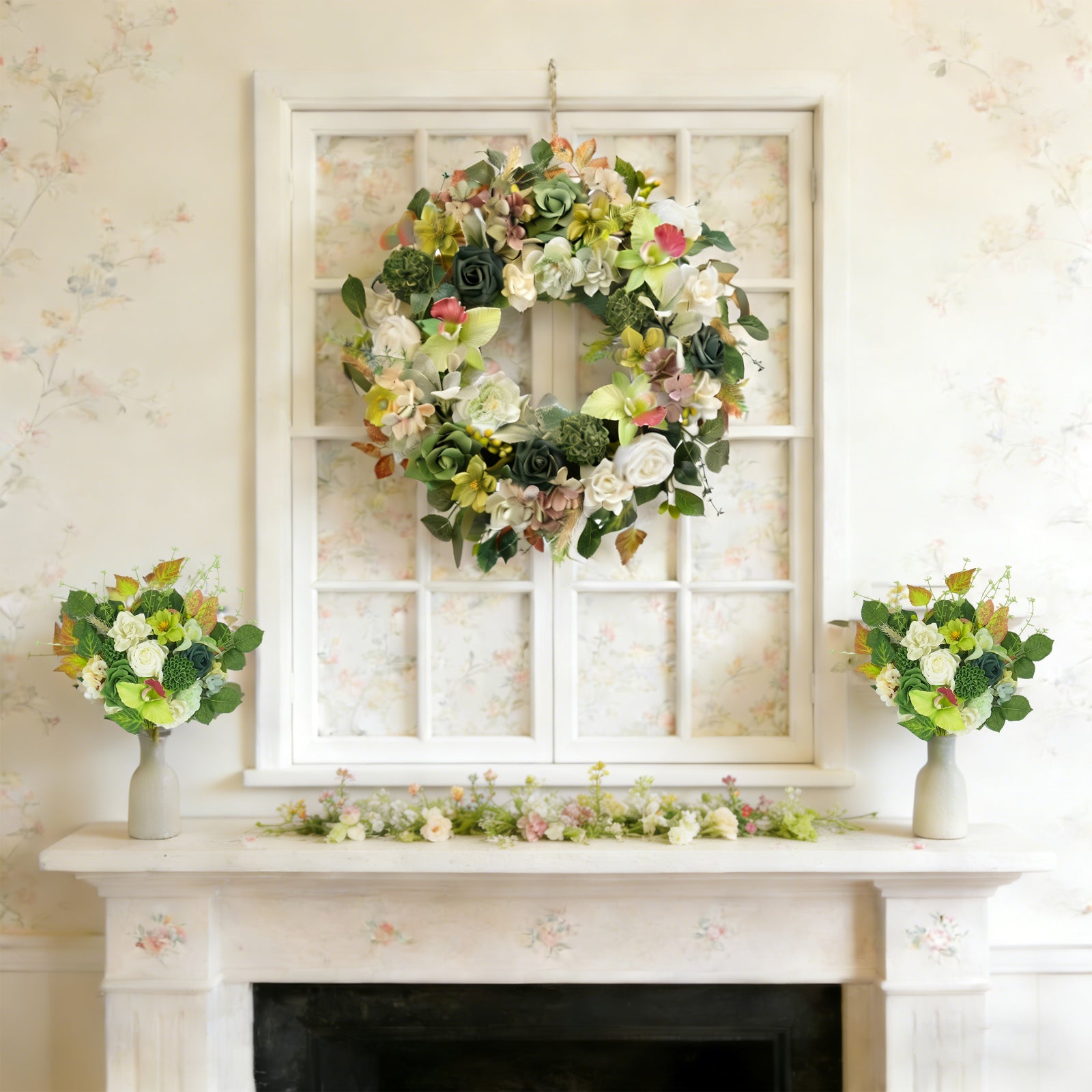 Egolot 22 Inch Green Orchid Spring Everyday Wreath for Front Door Indoor Outdoor Rustic Farmhouse Style Artificial Flowers and Foliage Decor Decoration peony