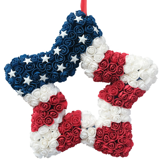 13 Inch Patriotic Red White Blue Star Shape Flower Wreath for Front Door, Forth of July American Flag Color Soft Touch Floral Wreath for Indoor and Outdoor, July 4th Independence Day Wreath