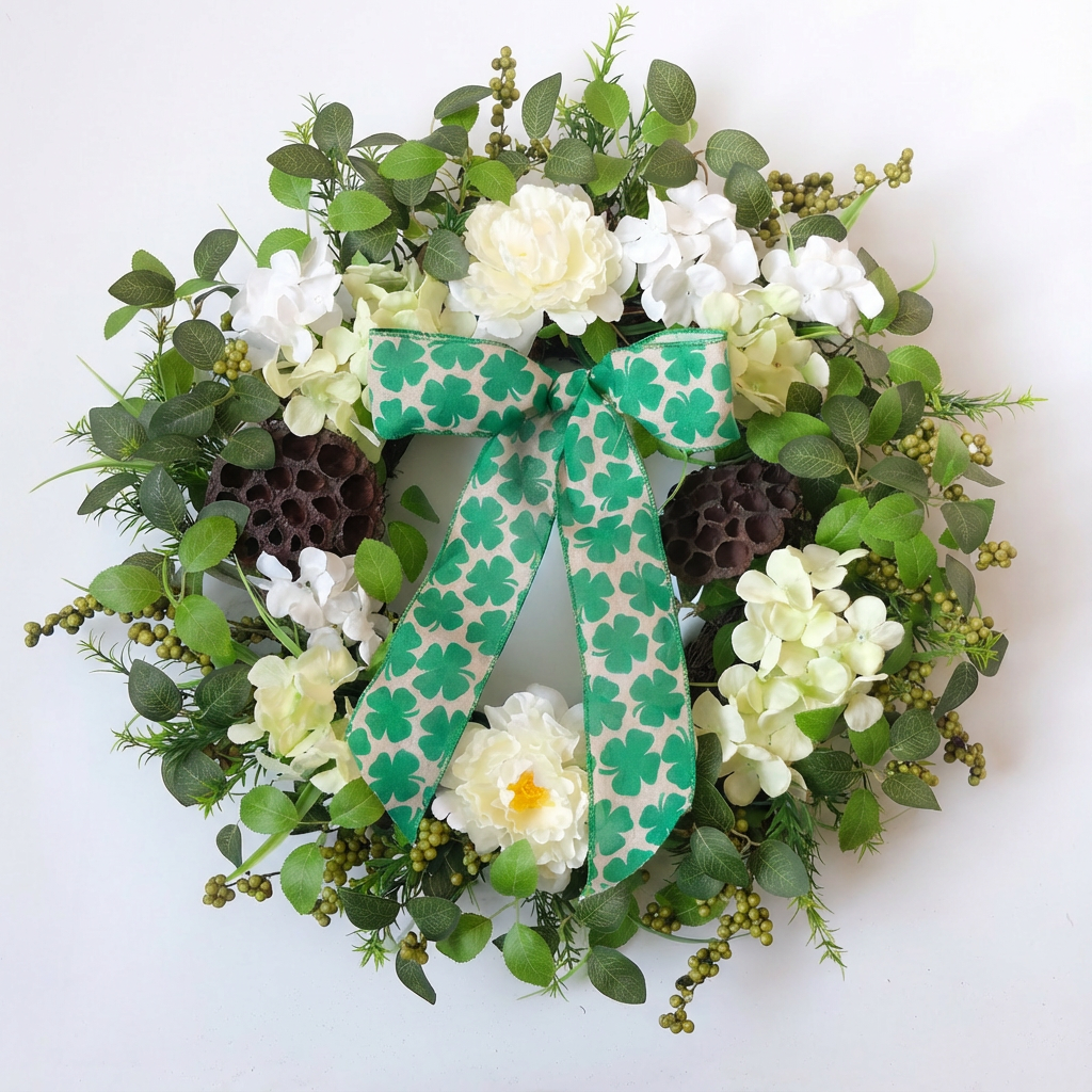 EGOLOT St Patrick's Day Wreath 22 Inch Handmade Wreath with White Flowers Green Leaves and Berries Festive St Patrick's Day Decoration Front Door Hanging Wreath Home Party Holiday Decor Handcrafted Floral Wreath