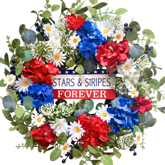 20 Inch Patriotic Red White Blue Flowers Wreath for Front Door, Forth of July Hydrangea Daisy Flower Wreath for Indoor and Outdoor, Memorial Day Independence Day Wreath