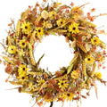 24Inch Fall Yellow Daisy Flower Eucalyptus Leaves Wreath for Front Door, Autumn Yellow Flower Wreath with Grain Picks and Wild Flowers for Indoor and Outdoor