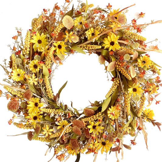 24Inch Fall Yellow Daisy Flower Eucalyptus Leaves Wreath for Front Door, Autumn Yellow Flower Wreath with Grain Picks and Wild Flowers for Indoor and Outdoor