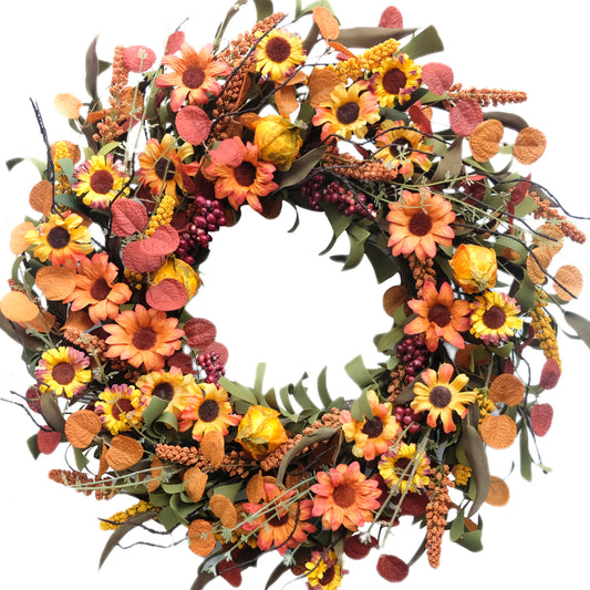 20Inch Fall Daisy Flower Wreath with Berries for Front Door, Harvest Artificial Flower Wreath with Soft Touch Leaves for Indoor and Outdoor Home Decor, Autumn Flower Wreath for Home Decor