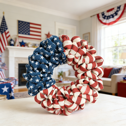 Egolot 20Inch Patriotic Burlap Wreath 4th of July Memorial Day Handcrafted Stripe and Stars American Flag Printed Summer Front Door Home Decoration Indoor Outdoor