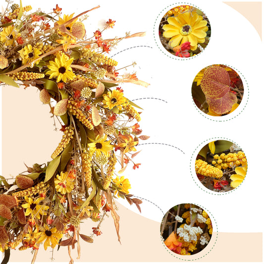 24Inch Fall Yellow Daisy Flower Eucalyptus Leaves Wreath for Front Door, Autumn Yellow Flower Wreath with Grain Picks and Wild Flowers for Indoor and Outdoor