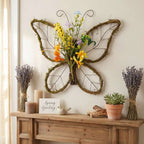 Handmade Butterfly Shaped Wreath with Pastel Berries & Floral Spring Artificial Wreaths for Front Door Decor 16.5x13.4x3.2 inches