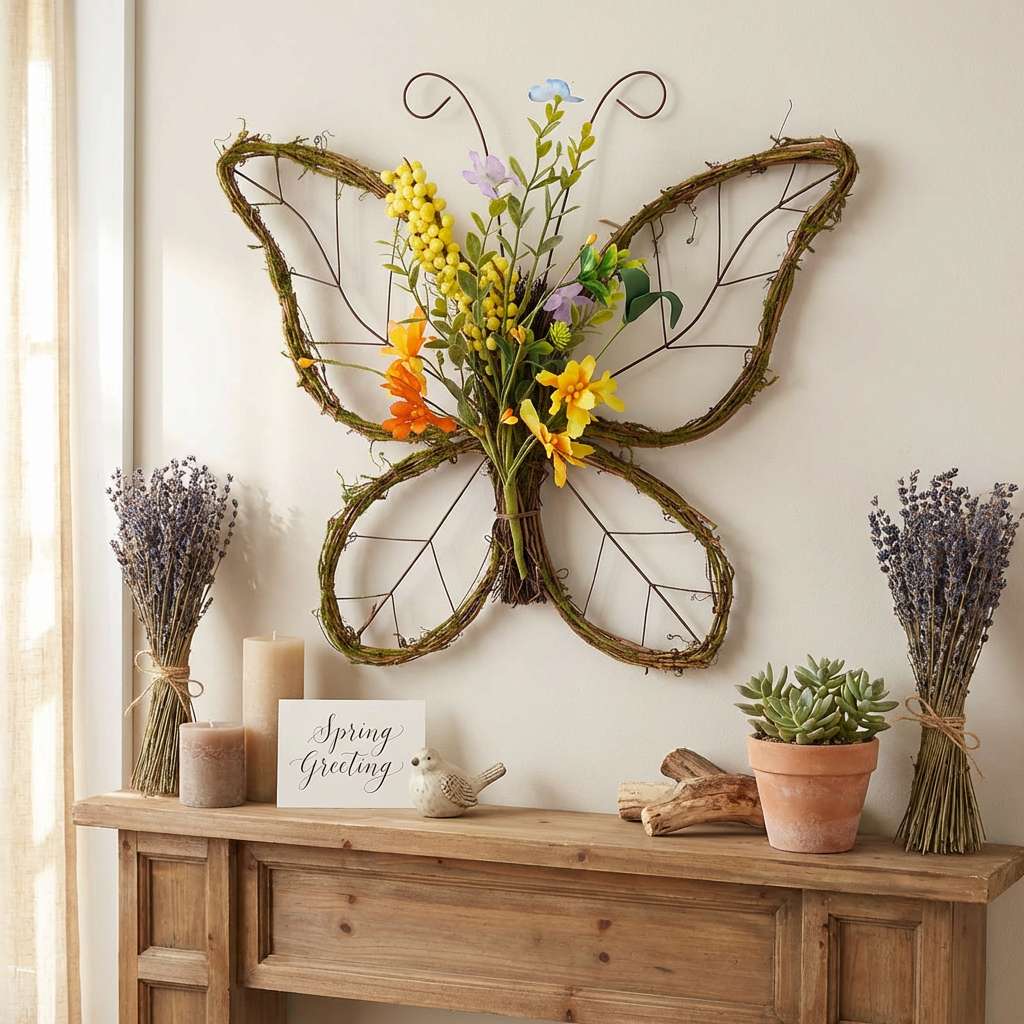 Handmade Butterfly Shaped Wreath with Pastel Berries & Floral Spring Artificial Wreaths for Front Door Decor 16.5x13.4x3.2 inches