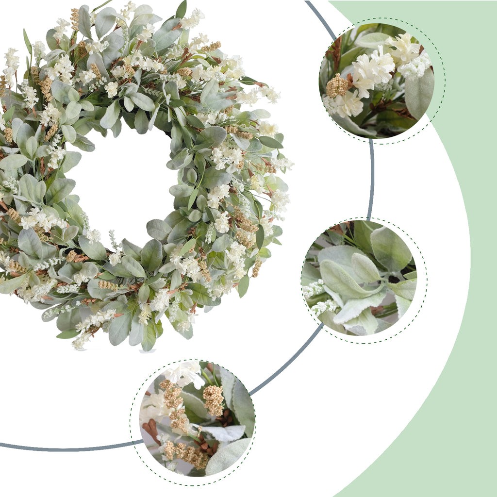 24 Inch Summer Spring Ivory Flowers Wreath for Front Door, Everyday Lamb Ears Leaves Wreath with White Artificial Flower for Indoor and Outdoor, Rustic and Farmhouse Greenery Flower Wreath
