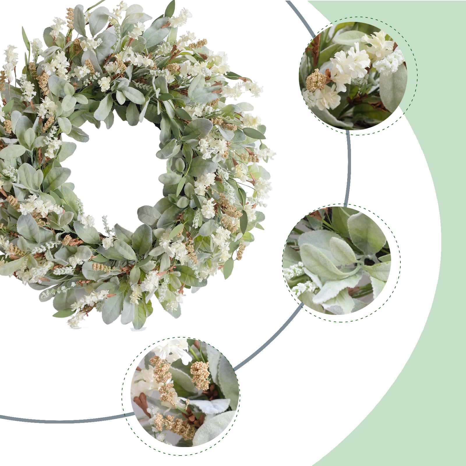 24 Inch Summer Spring Ivory Flowers Wreath for Front Door, Everyday Lamb Ears Leaves Wreath with White Artificial Flower for Indoor and Outdoor, Rustic and Farmhouse Greenery Flower Wreath
